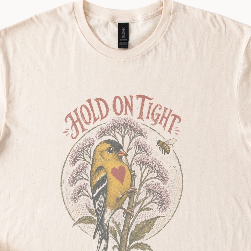 Hold On Tight Yellow Bird Heart Graphic Tee Vintage Botanical Style